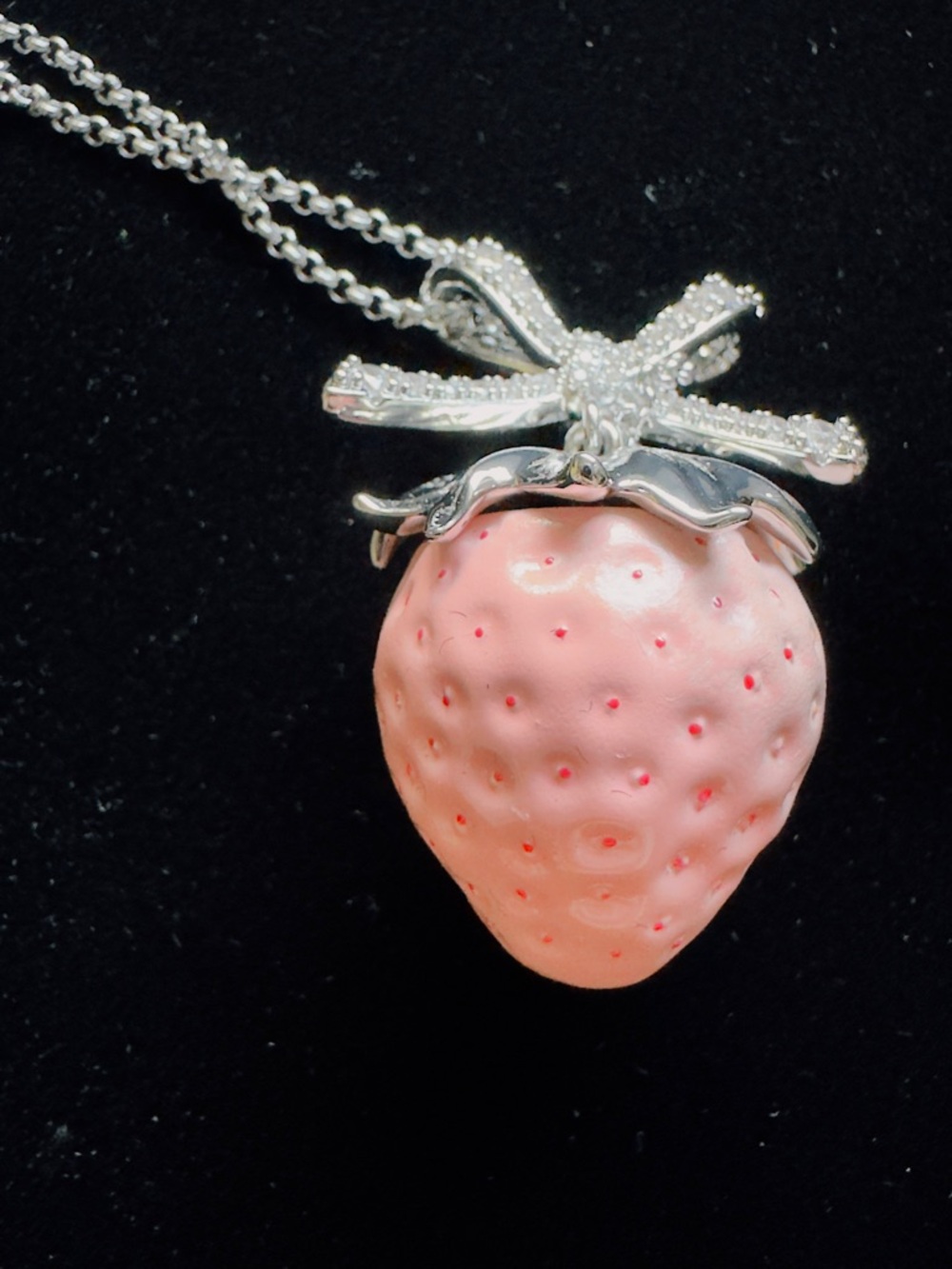Pink Strawberry Pendant Necklace - Silver Tone
